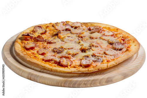 Pizza with salami, ham, sausage and white cream sauce on a cut board