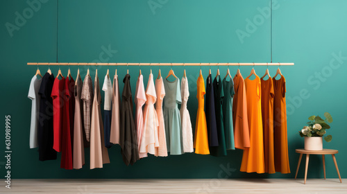 Rack with hanging clothes on green background