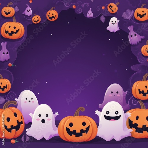 cute pumpkin and ghost frame for Halloween. Frame illustration of Halloween with pumpkin and ghost. Generative Ai. © Kowit