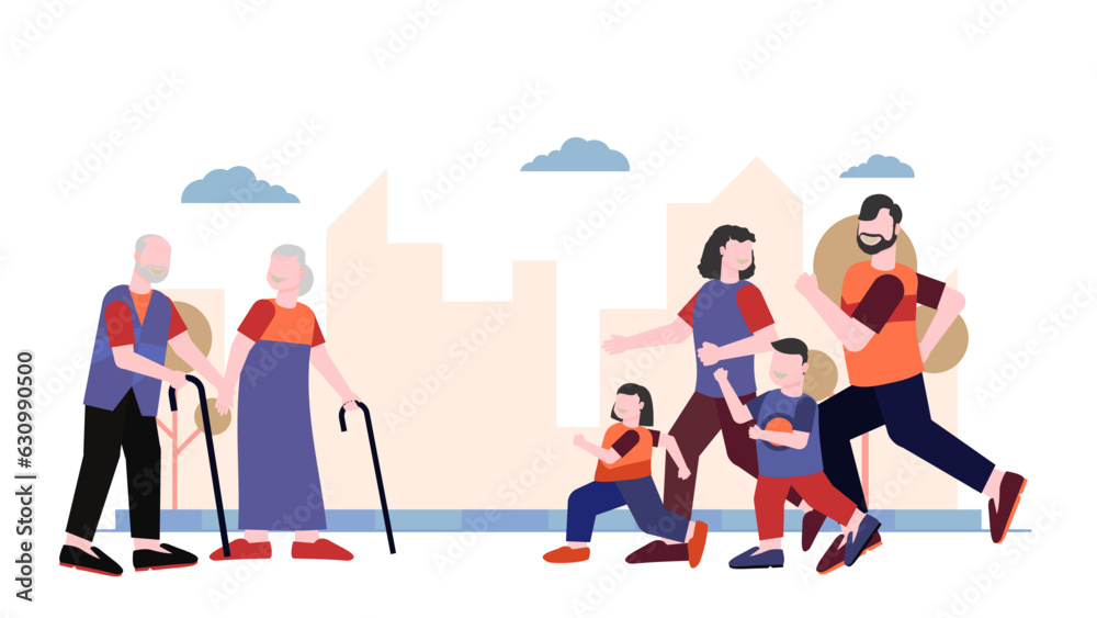 Naklejka premium Colorful modern family gathering illustration vector. Father mother son daughter grandpa grandma