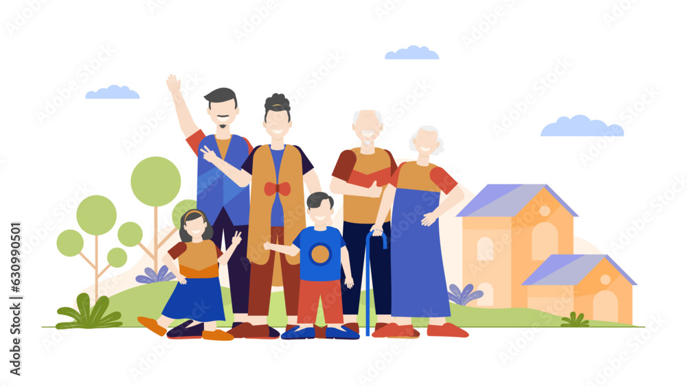 Obraz premium Colorful modern family gathering illustration vector. Father mother son daughter grandpa grandma