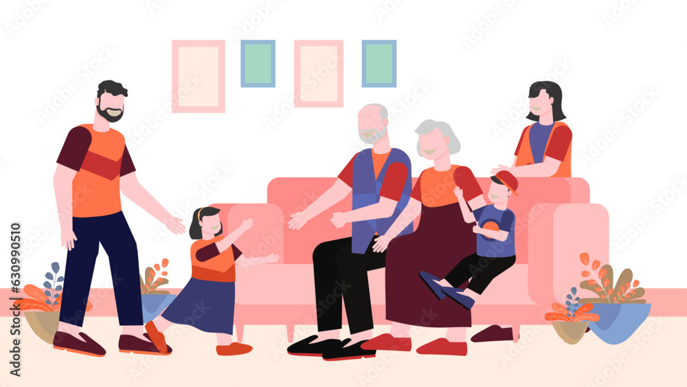 Obraz premium Colorful modern family gathering illustration vector. Father mother son daughter grandpa grandma