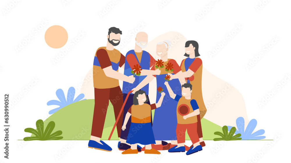 Obraz premium Colorful modern family gathering illustration vector. Father mother son daughter grandpa grandma