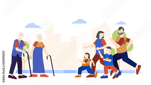 Colorful modern family gathering illustration vector. Father mother son daughter grandpa grandma