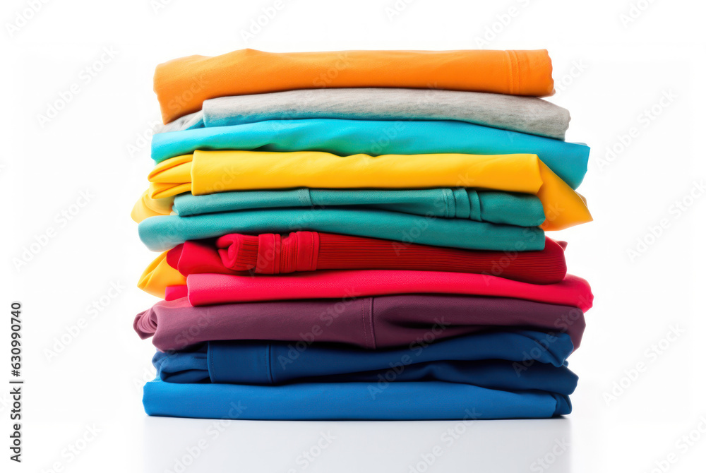  Stack of colorful t-shirt isolated on white background.