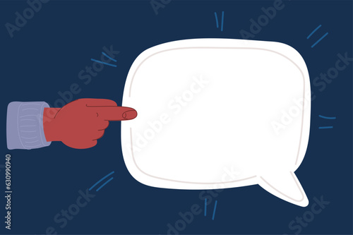 Cartoon vector illustration of hand point with forefinger to speech buble with copyspace.