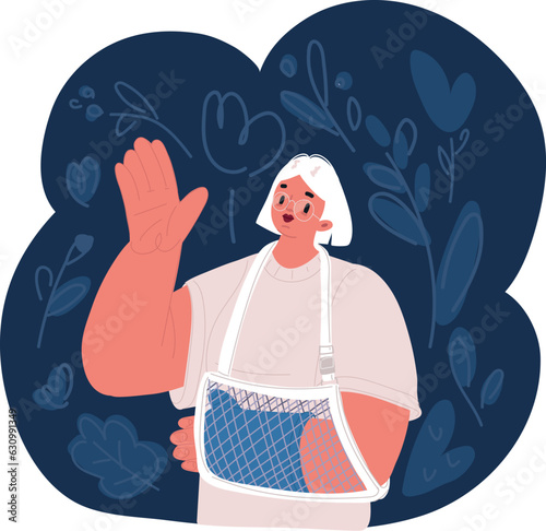 Cartoon vector illustration of woman with a broken arm, treatment of injuries and bondage for the hand