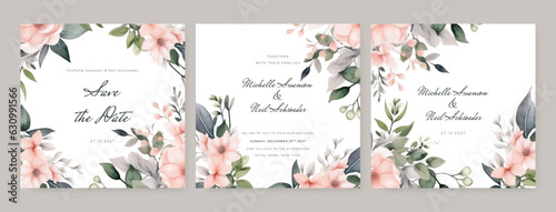 wedding invitations with pink elegant flowers and leaves