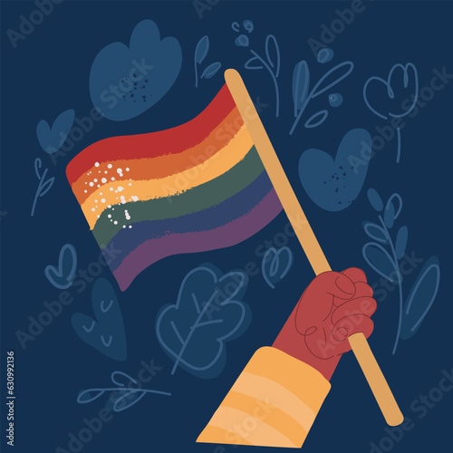 Cartoon vector illustration of Hand holding LGBT flag.