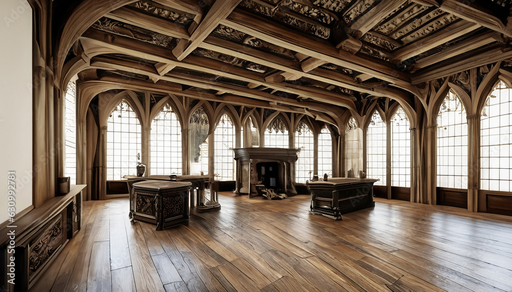 Tudor great halls incorporate a grand fireplace heavy wooden tables tapestries and an impressive hammer-beam ceiling
