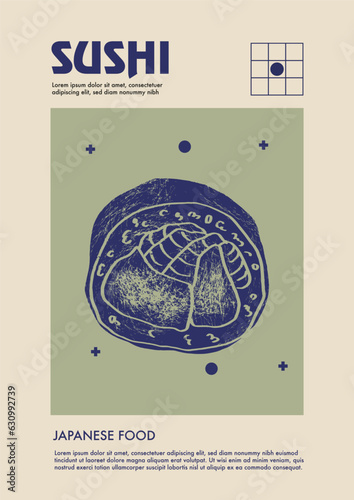 Japanese sushi. Price tag or poster design. Set of vector illustrations. Typography. Engraving style. Labels, cover, t-shirt print, painting.
