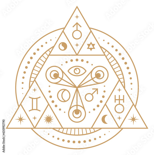 Astrological emblem. Alchemy pyramid symbol. Sacred icons