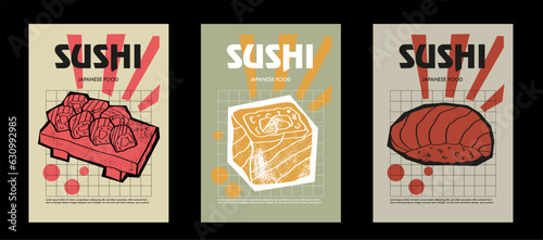 Japanese sushi set. Price tag or poster design. Set of vector illustrations. Typography. Engraving style. Labels, cover, t-shirt print, painting.
