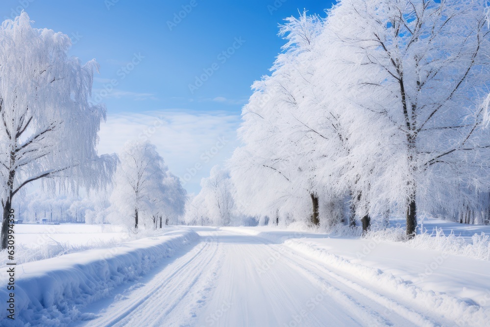 Obraz premium winter road and trees with snow and alps landscape. Generative Ai.