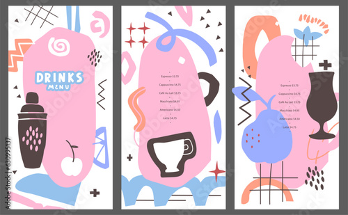Menu design. Abstract shapes in Matisse style. Silhouettes of glass for cocktail, coffee, fruit and alcoholic drinks. Trendy Wall art. List, banner, booklet, flyer, brochure. Layout bar. Vector art.
