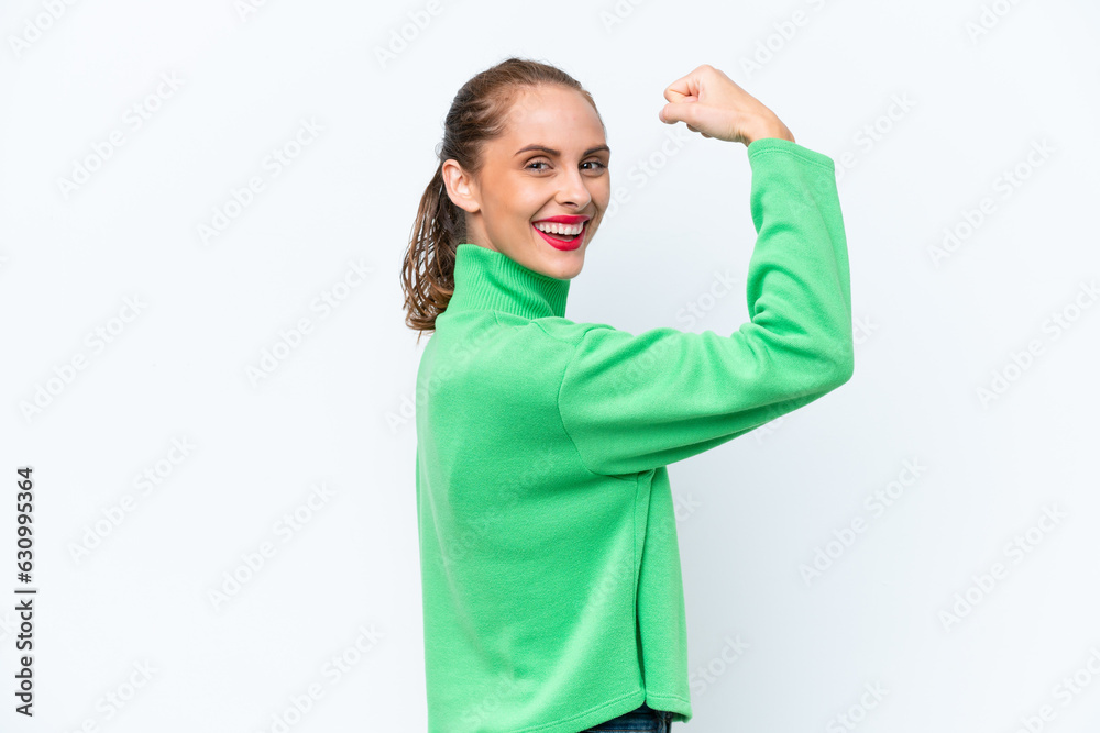 Young caucasian woman isolated on white background doing strong gesture Young caucasian woman isolated on white background doing strong gesture