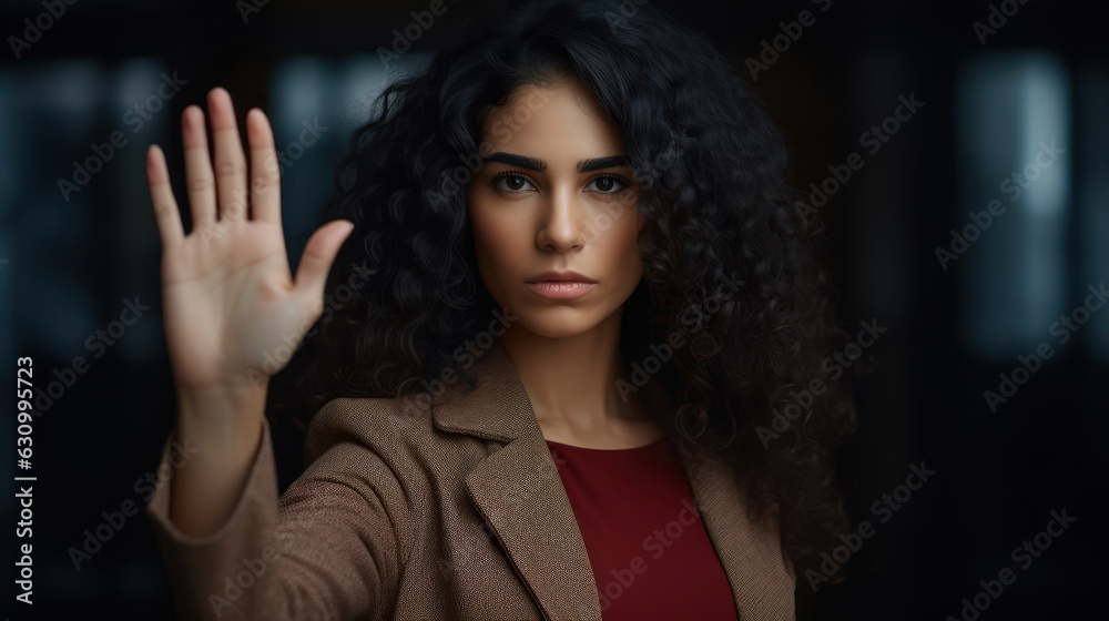 Woman showing stop gesture. Prohibition symbol. 