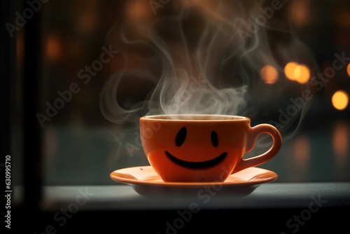 Halloween coffee, pumpkin cup with a hot drink and steam on a black scary background, a festive banner for a cafe with a copy space. Generative Ai.