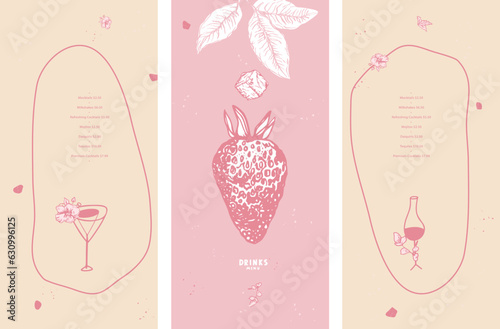 Drinks menu. Cocktail. Wine. Strawberries, mint leaves, ice cube. Pink color. List, banner, booklet, flyer, brochure, price, poster. Vector illustration for restaurant and bar application.