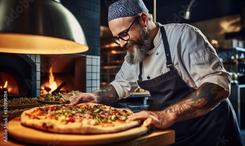 The man carefully places the piping-hot pizza on a wooden board, ready to be enjoyed