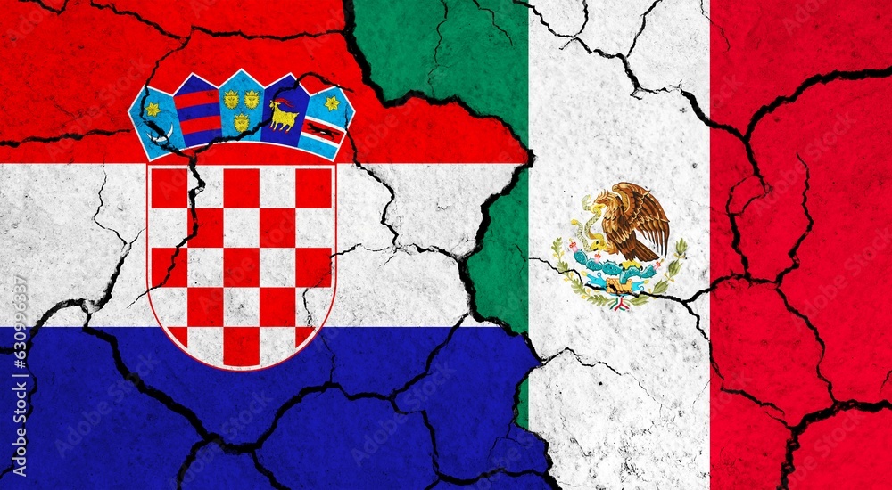 Flags of Croatia and Mexico on cracked surface - politics, relationship concept