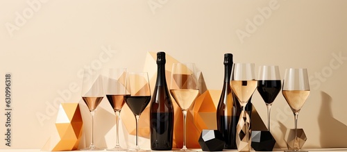 champagne glasses made of grey-tinted glass, along with a bottle of champagne or sparkling wine, set