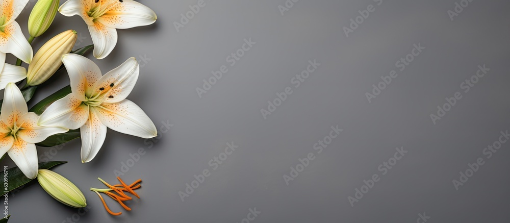 A gray background with a space for text, featuring a flat lay arrangement of lilies