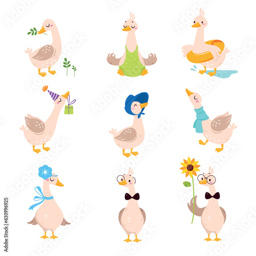Funny Goose Character Engaged in Different Activity Vector Set