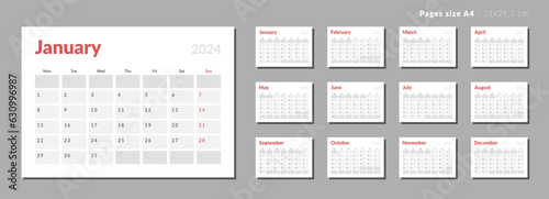 Set of Monthly page Calendar Planner Templates 2024. Vector layout of a wall or desk simple calendar with week start monday. Calendar grid in grey, red color for print. Page for size A4 or 21x29.7 cm