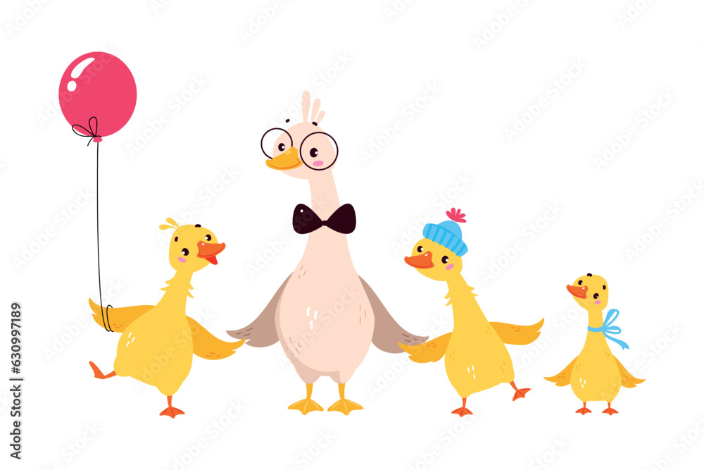 Fototapeta premium Funny Goose Character Father with Baby Gosling Vector Illustration