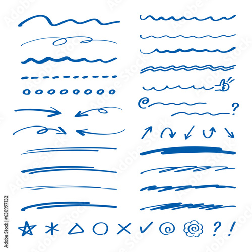 青のペンの手書き線と矢印とアイコンのセット
Set of icons with blue pen handwriting lines and arrows
