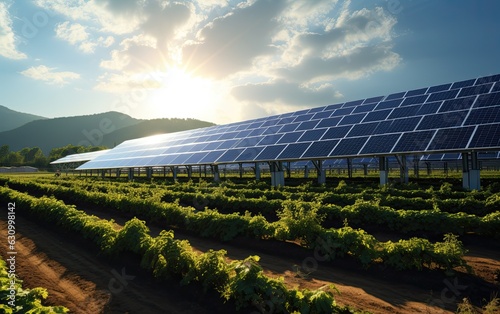 Fototapet Farmland enhanced with agrivoltaics, where solar panels are intelligently integrated to provide both renewable energy generation and shade for crops