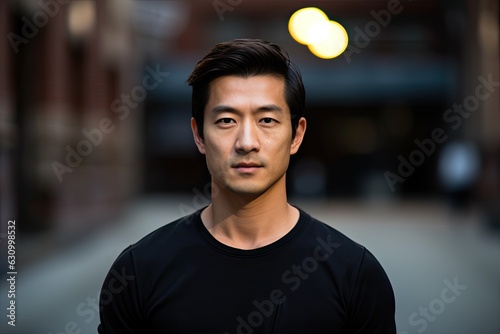 Fototapeta Asian man in 30s, black hair, building background ,Generative AI