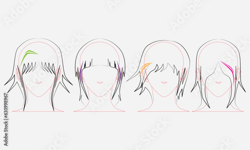four front views of women's hairstyles with beautiful anime styles