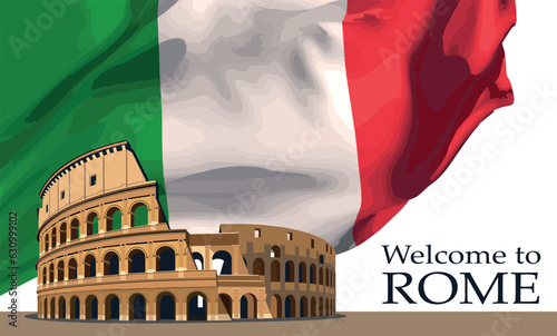 Colosseum against the background of the developing flag of Italy. Vector.