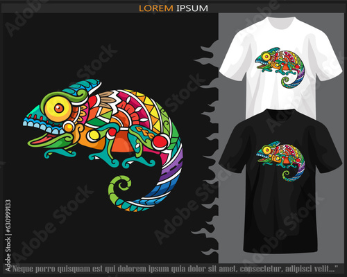 Colorful chameleon mandala arts isolated on black and white t shirt.