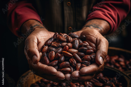 roasted coffee beans in hands first person view,genearative ai