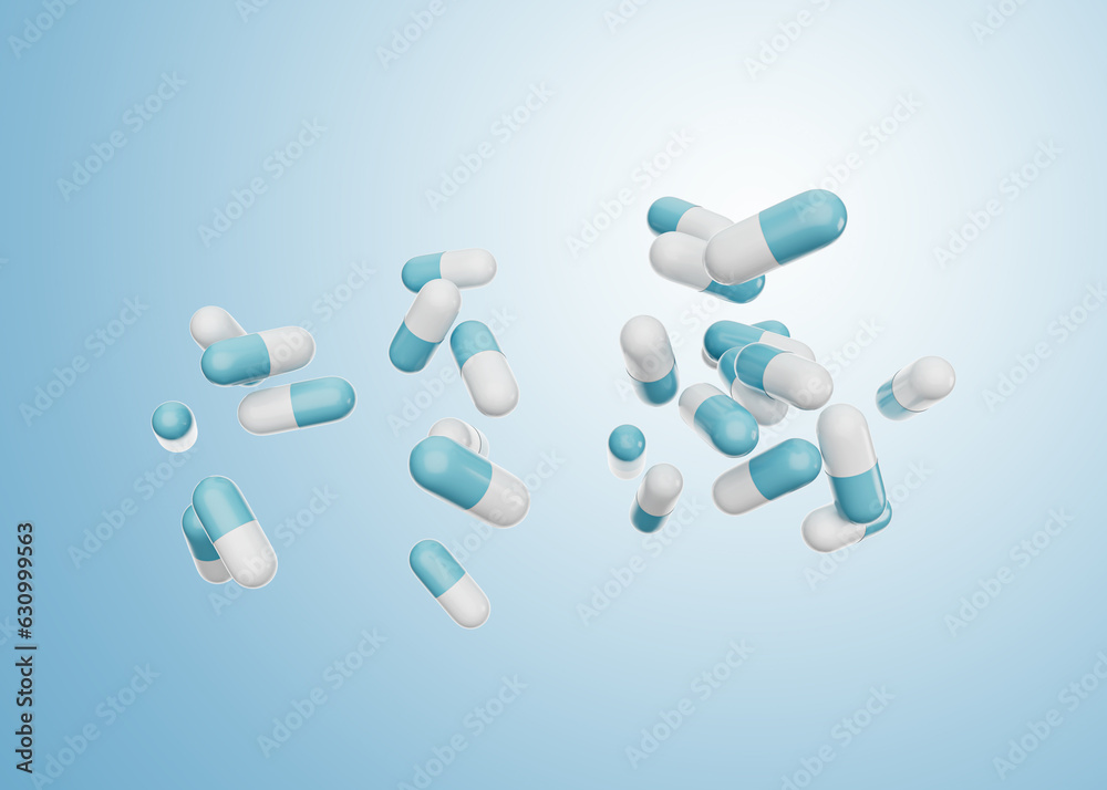 3d Blue And White Pharmaceutical Antibiotic Capsules Falling On Soft Blue Background 3d Illustration