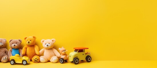 Baby and children's toys are arranged on a yellow background in a flat lay style with empty space for