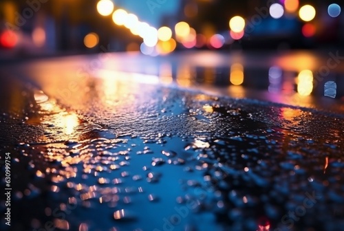 background of raindrops on asphalt with beautiful reflection of urban lights at night. generatrive ai