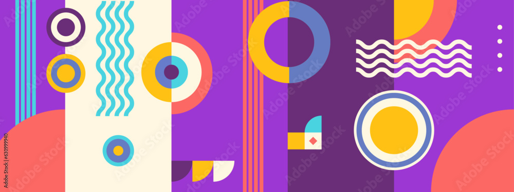 Abstract colorful flat geometric background, mosaic pattern design with the simple shape of circles, squares, dots, and lines. Mural design. Neo geometric. Vector Illustration.