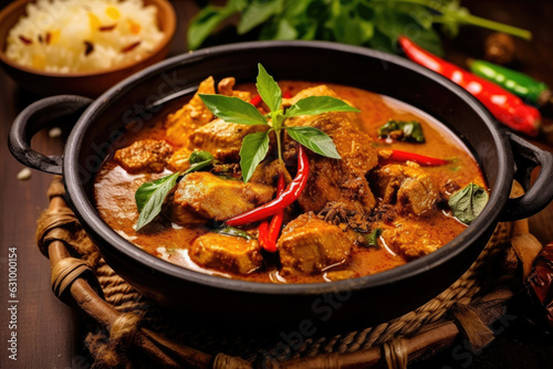 spicy thai curry with pork meat serving with rice and decorating with herbal vegetable ingredients like chili and eggplant on rustic background - Thai food,genearative ai