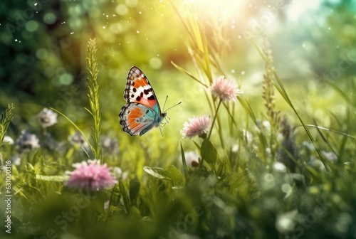 butterfly on green grass with flowers and sun light blurred background. generatrive ai © LivroomStudio