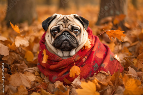 Pug dog in forest covered with blanket in autumn leaves