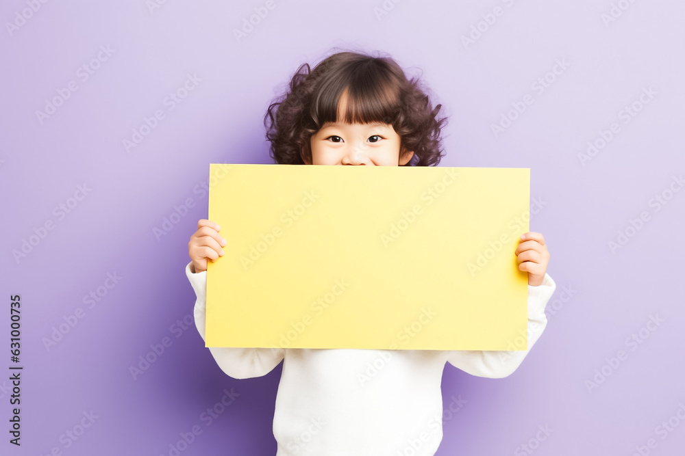 Young woman wears tshirt and holding a blank paper at the purple and yellow background. Woman standing and holding paper in front of face. Generative AI. Young woman wears tshirt and holding a blank paper at the purple and yellow background. Woman standing and holding paper in front of face. Generative AI.