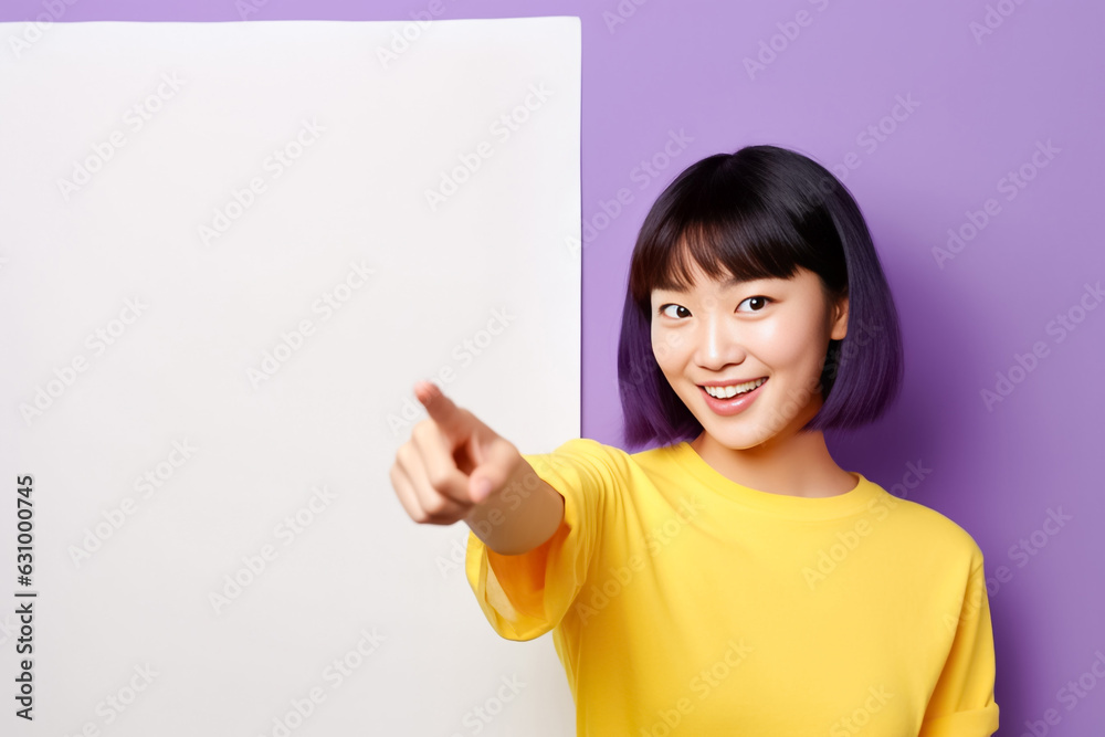 Young woman wears tshirt and holding a blank paper at the purple and yellow background. Woman standing and holding paper in front of face. Generative AI. Young woman wears tshirt and holding a blank paper at the purple and yellow background. Woman standing and holding paper in front of face. Generative AI.