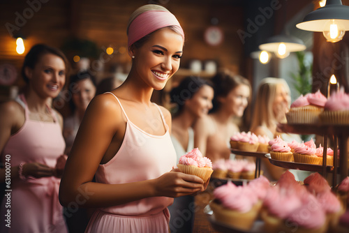 Woman with pink skarf on head holding muffin on celebration ai generated art. photo