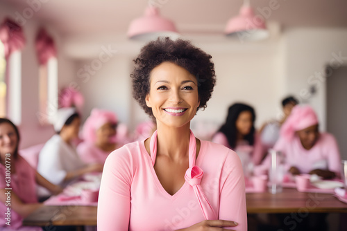 Woman with short hair smiling in pink cloths lookinjg camera ai generated art.