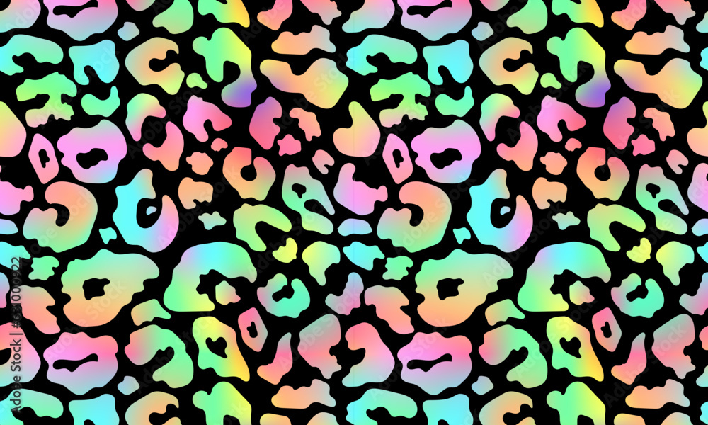 Trendy Neon Leopard pattern horizontal background. Vector rainbow wild animal leo skin, gradient cheetah texture with rainbow spots on black background for fashion print design, wallpapers, decor. Trendy Neon Leopard pattern horizontal background. Vector rainbow wild animal leo skin, gradient cheetah texture with rainbow spots on black background for fashion print design, wallpapers, decor.