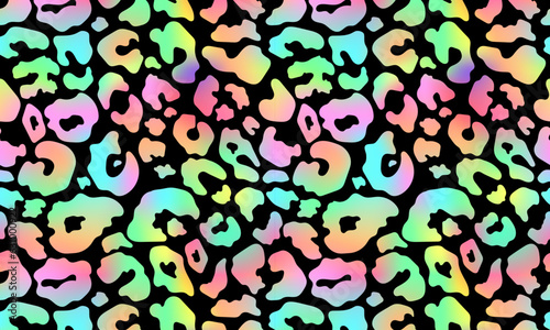Trendy Neon Leopard pattern horizontal background. Vector rainbow wild animal leo skin, gradient cheetah texture with rainbow spots on black background for fashion print design, wallpapers, decor.
